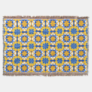 Mediterranean Blue Yellow Moroccan Tile Pattern Throw Blanket
