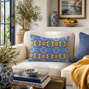 Mediterranean Blue Yellow Portuguese Pattern Decorative Cushion