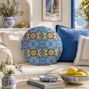 Mediterranean Blue Yellow Portuguese Pattern Round Cushion