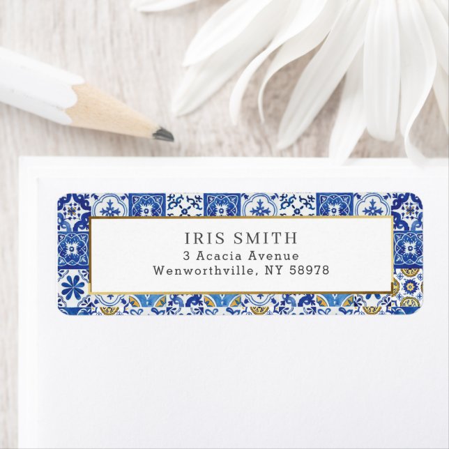 Mediterranean Blue Yellow Tiles Return Address  (Insitu)