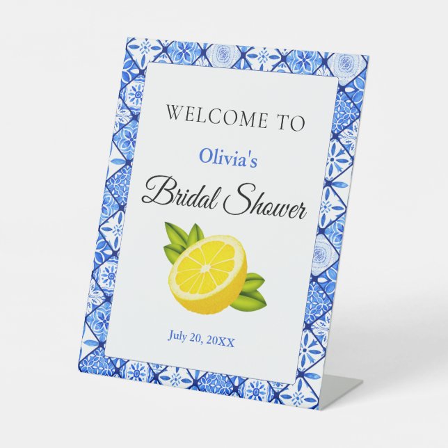 Mediterranean BlueTile Lemon Bridal Shower Welcome Pedestal Sign (Front)