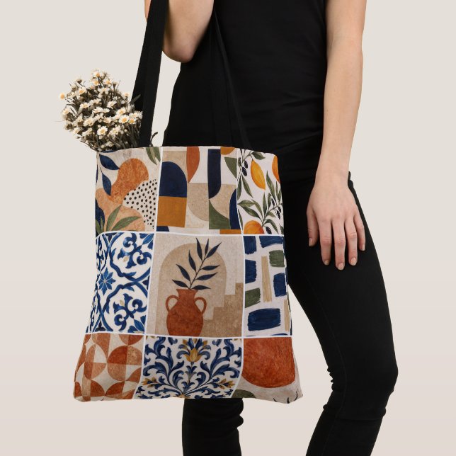 Mediterranean Boho Tile Pattern Tote Bag (Close Up)