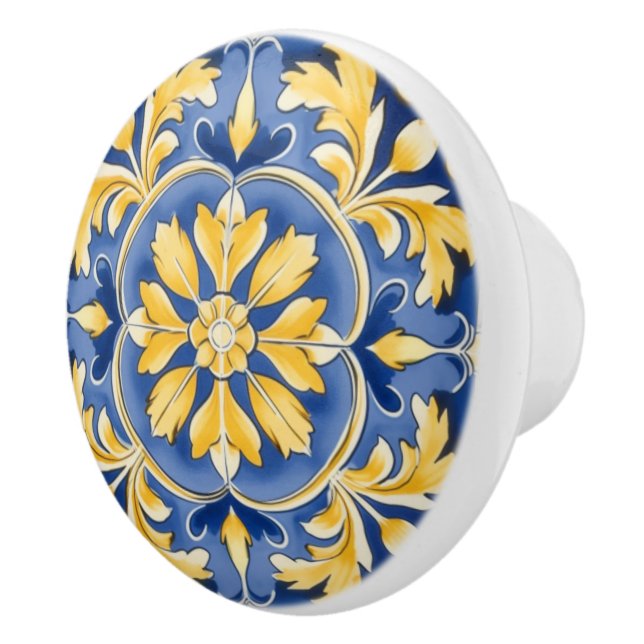 Mediterranean Botanical Pattern - Blue and Yellow Ceramic Knob (Right)