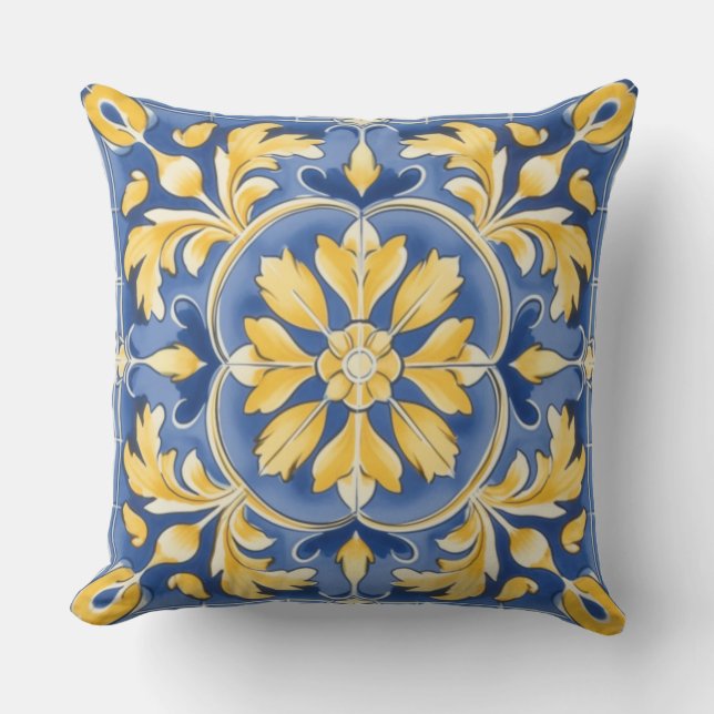 Mediterranean Botanical Pattern - Blue and Yellow Cushion (Front)