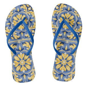 Mediterranean Botanical Pattern - Blue and Yellow Jandals