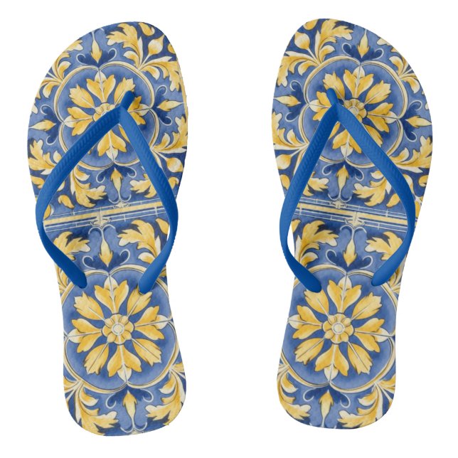 Mediterranean Botanical Pattern - Blue and Yellow Jandals (Footbed)