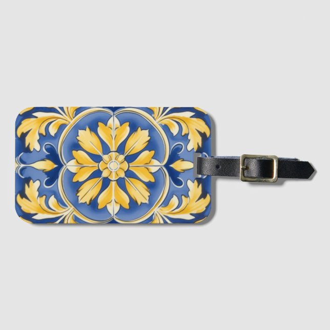Mediterranean Botanical Pattern - Blue and Yellow Luggage Tag (Front Horizontal)