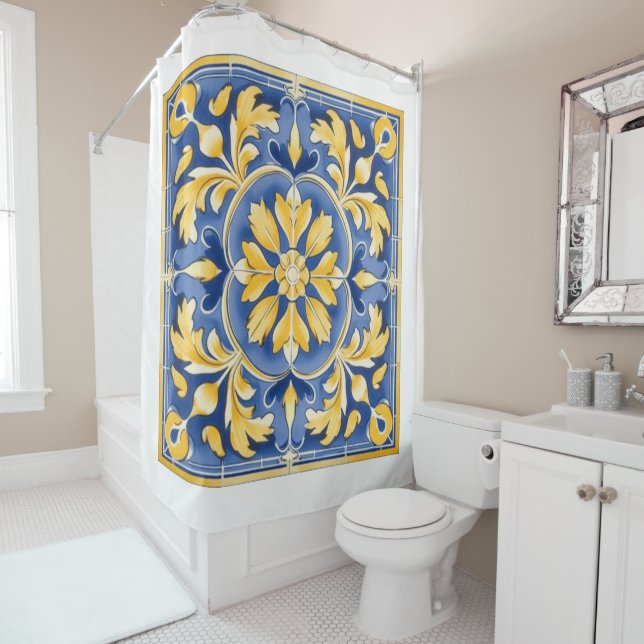 Mediterranean Botanical Pattern - Blue and Yellow Shower Curtain (In Situ)