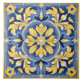 Mediterranean Botanical Pattern - Blue and Yellow Tile