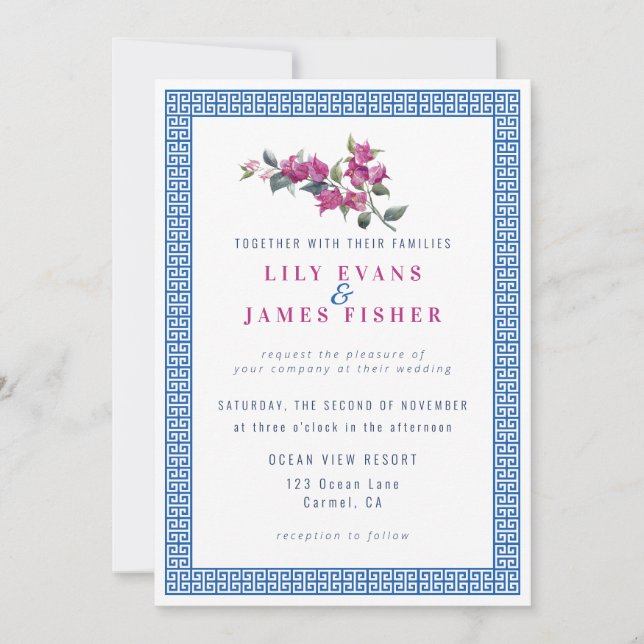 Mediterranean Bougainvillea Greek Key Invitation (Front)