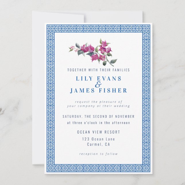 Mediterranean Bougainvillea Greek Key Invitation (Front)