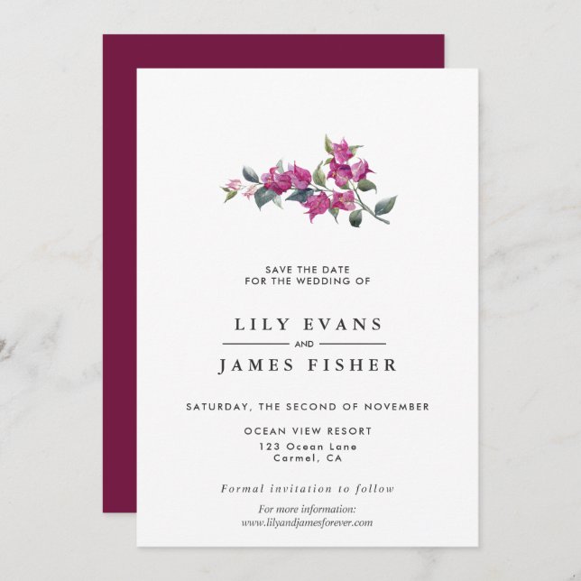 Mediterranean Bougainvillea Pink Save the Date Inv Invitation (Front/Back)
