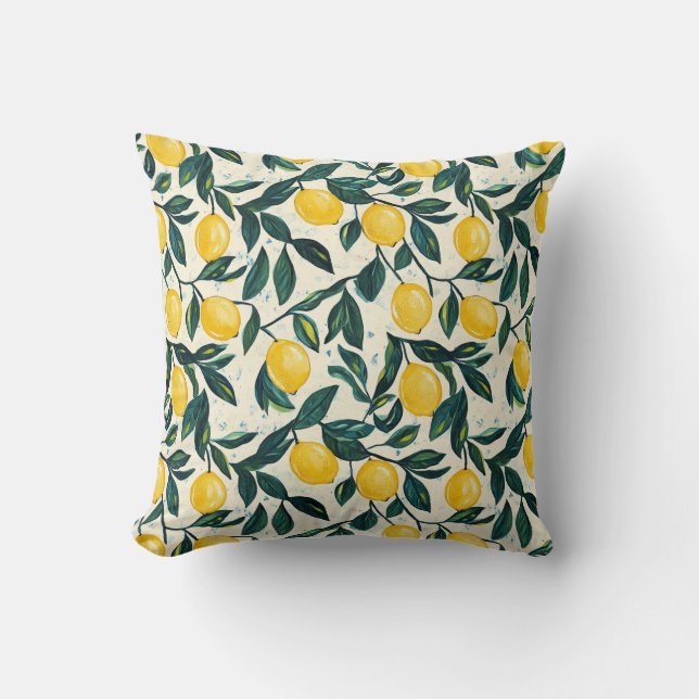 Mediterranean Bright Yellow Lemon Patterned Cushion (Front)