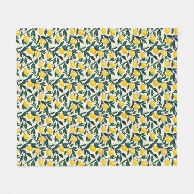 Mediterranean Bright Yellow Lemon Patterned Fleece Blanket (Front (Horizontal))