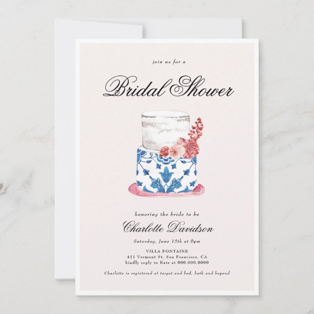 Mediterranean Cake Pink Blue Bridal Shower  Invitation (Front)