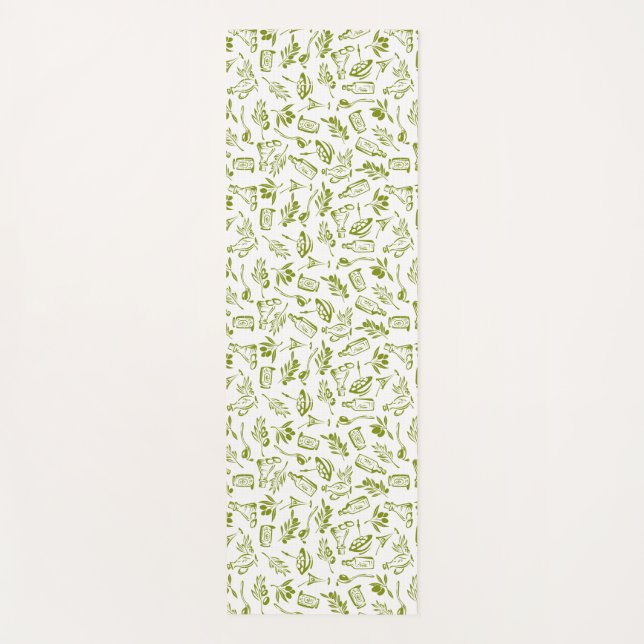 Mediterranean Chic Green Olive Bottle Leaf Pattern Yoga Mat (Front)