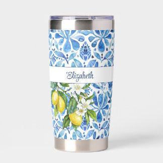 Mediterranean Citrus and Blue Tiles Custom Name Insulated Tumbler