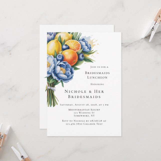 Mediterranean Citrus Bouquet Bridesmaids Luncheon Invitation (Front/Back In Situ)