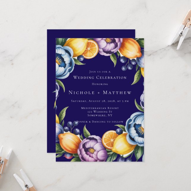Mediterranean Citrus Bouquet Wedding Invitation (Front/Back In Situ)