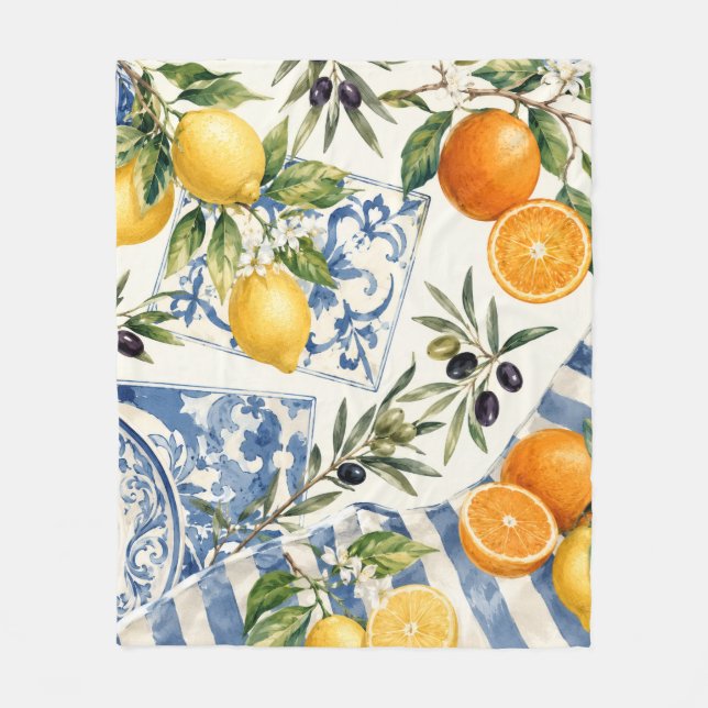 Mediterranean Citrus Kitchen Towel Fleece Blanket (Front)
