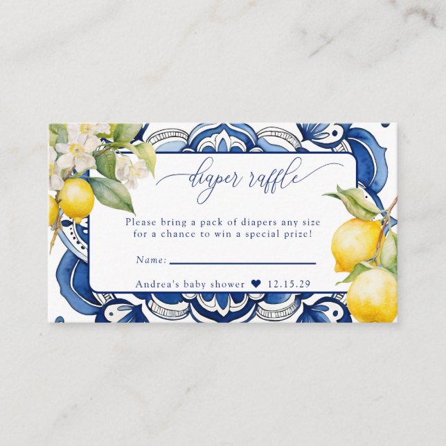 Mediterranean | Citrus Lemon | Diaper Raffle Enclosure Card (Front)