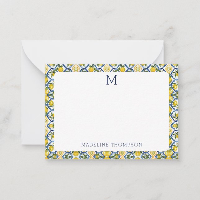 Mediterranean Citrus Lemon Monogram Blue Card (Front)