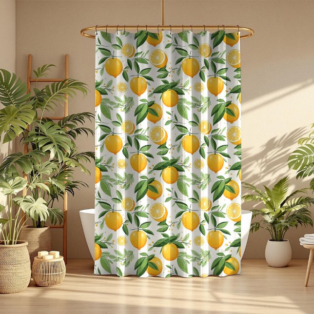 Mediterranean Citrus Lemon Shower Curtain (Mediterranean Citrus Lemon Shower Curtain in a boho mocha bathroom with tropical botanicals)