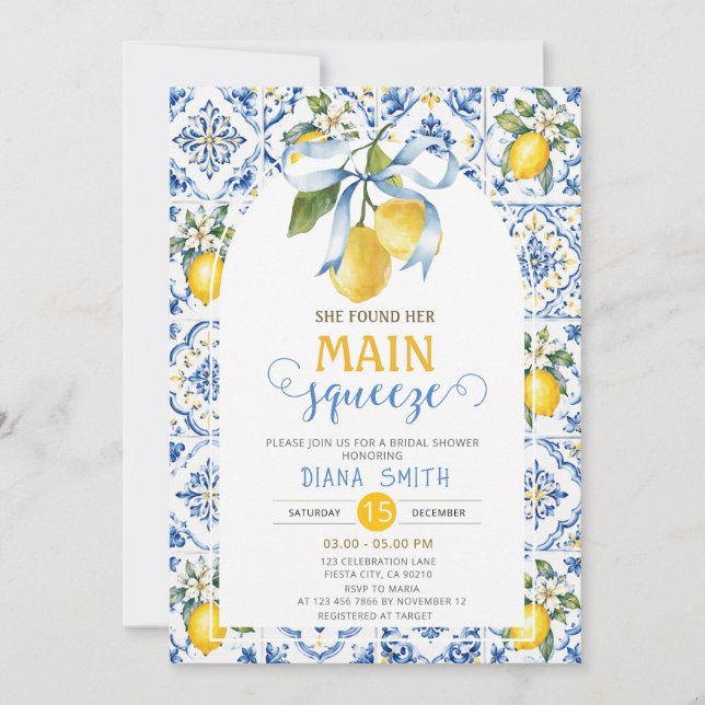Mediterranean Citrus Main Squeeze Bridal Shower In Invitation (Front)