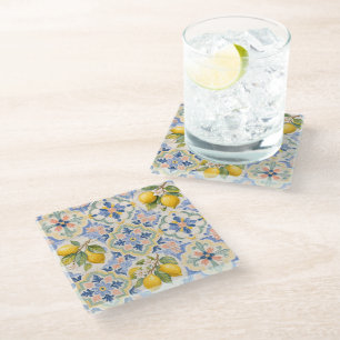  Mediterranean Citrus Majolica Tile Pattern  Glass Coaster