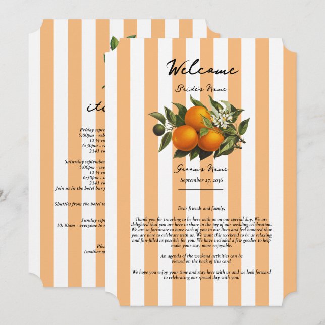 Mediterranean Citrus Orange Wedding Itinerary Programme (Front/Back)