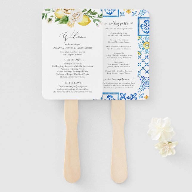 Mediterranean Citrus Wedding Ceremony Program Hand Fan (Front and Back)