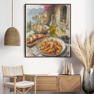 Mediterranean Coastal Pasta Feast Coloured Pencil Poster