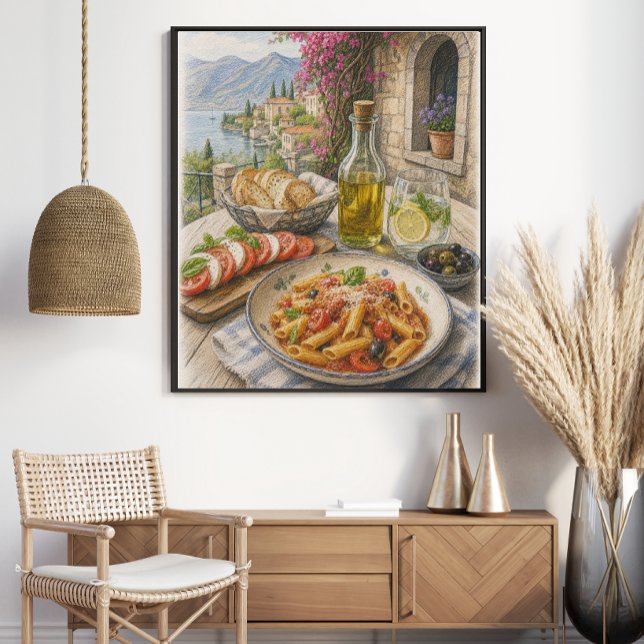 Mediterranean Coastal Pasta Feast Coloured Pencil Poster (Creator Uploaded)