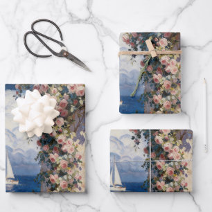 Mediterranean Coastal Rose & Sailboat Wrapping Pap Paper Sheet