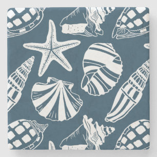 Mediterranean Coastal Seashell Toile Aegean Blue Stone Coaster