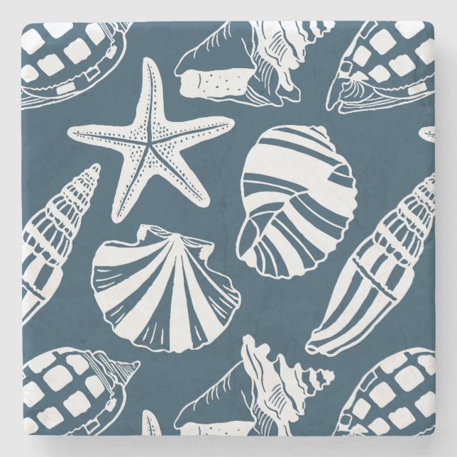 Mediterranean Coastal Seashell Toile Aegean Blue Stone Coaster (Front)
