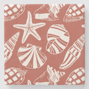 Mediterranean Coastal Seashell Toile Terracotta Stone Coaster