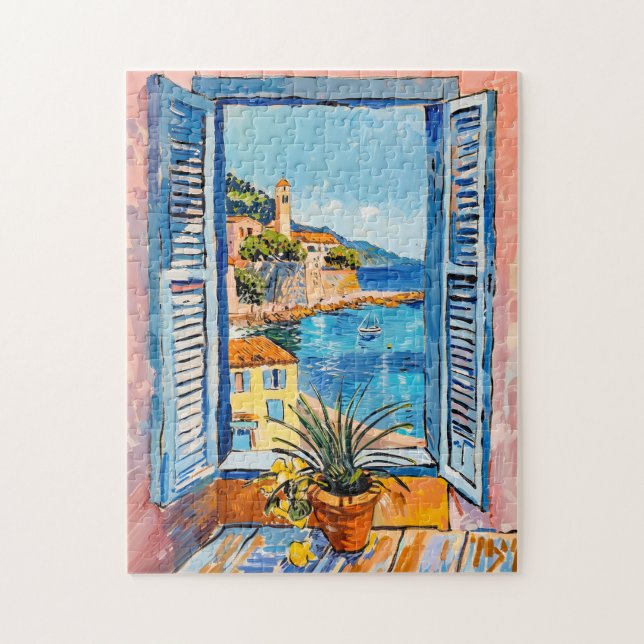 Mediterranean Coastal View Through Open Window Jigsaw Puzzle (Vertical)