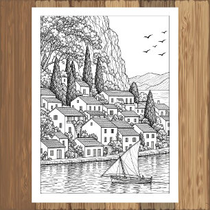 Mediterranean Coastal Village Coloring Poster