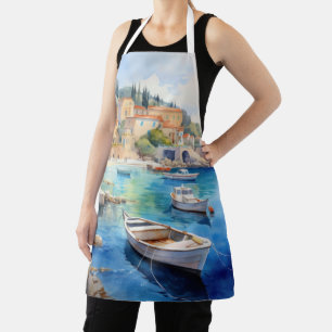 Mediterranean Coastal Village Seaside Watercolor Apron