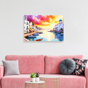 Mediterranean Coastal Village Sunset Canvas Print