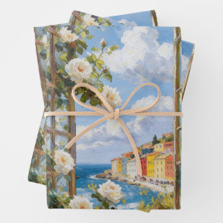 Mediterranean Coastal Village & White Roses Wrappi Wrapping Paper Sheet