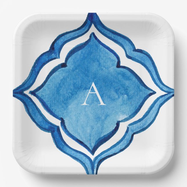 Mediterranean Cobalt Blue Tile Monogram Paper Plate (Front)