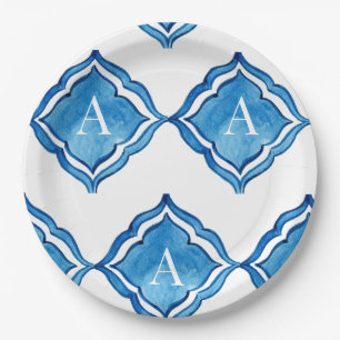 Mediterranean Cobalt Blue Tile Monogram Round Paper Plate