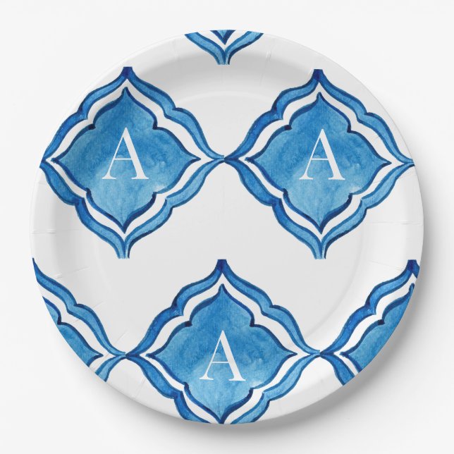 Mediterranean Cobalt Blue Tile Monogram Round Paper Plate (Front)