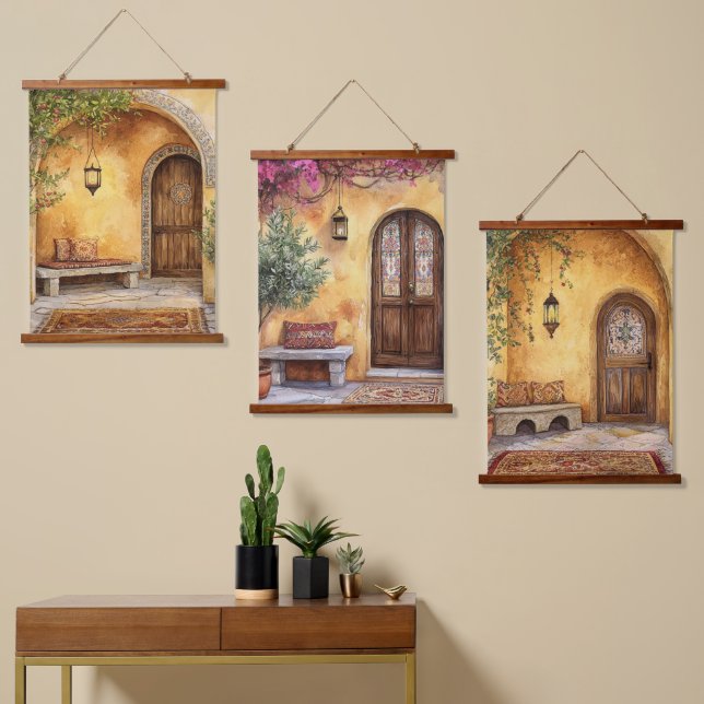 Mediterranean Courtyard Archway Olive Tree Wall Ar Hanging Tapestry (Asymmetrical)