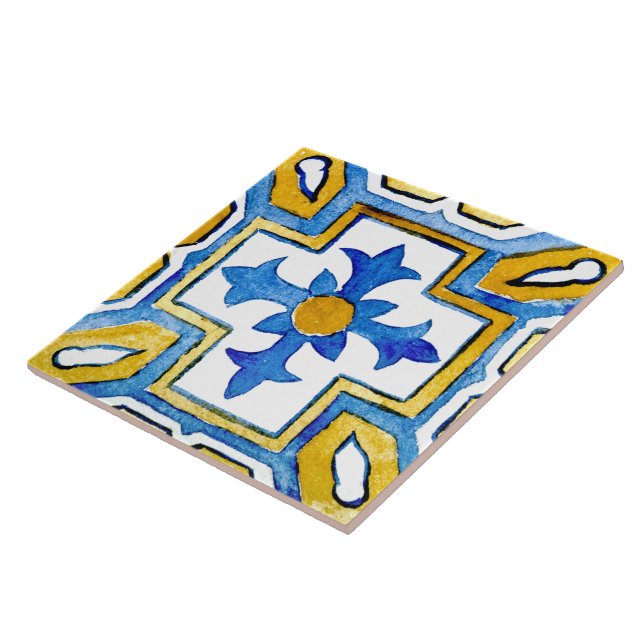 Mediterranean Cross Blue Yellow Watercolor Paint Tile (Side)