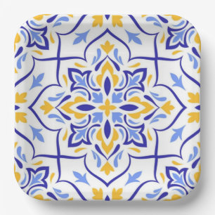 Mediterranean Crown Elegant Blue and Gold Floral  Paper Plate