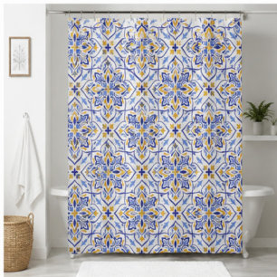 Mediterranean Crown Elegant Blue and Gold Floral  Shower Curtain