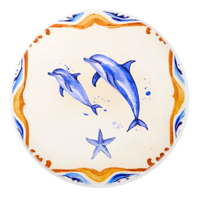 Mediterranean Dolphins Ceramic Knob (Front)